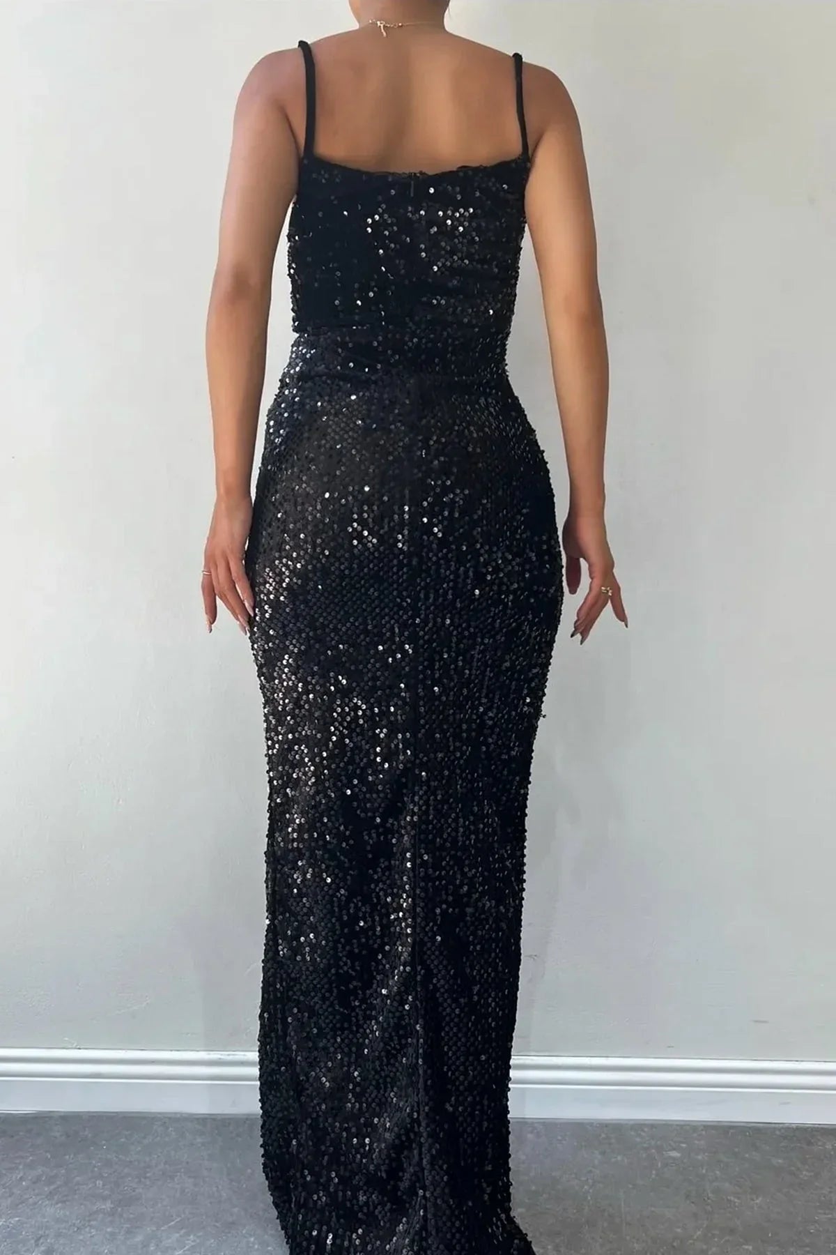 Women's Black Pulpayet Ayarlanabilir Strap Slit Pencil Form Plus Size Evening Gown