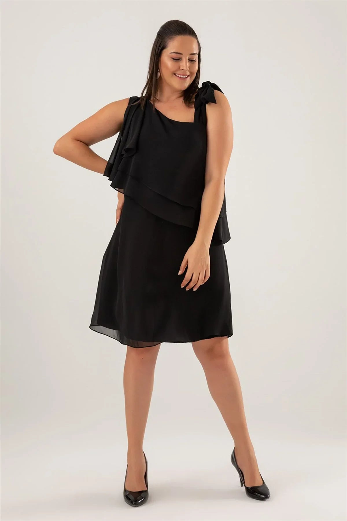 Women's Black Tek Omuz Tie Chiffon Plus Size Dress