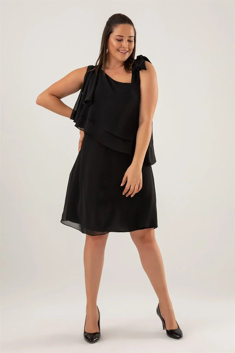 Women's Black Tek Omuz Tie Chiffon Plus Size Dress