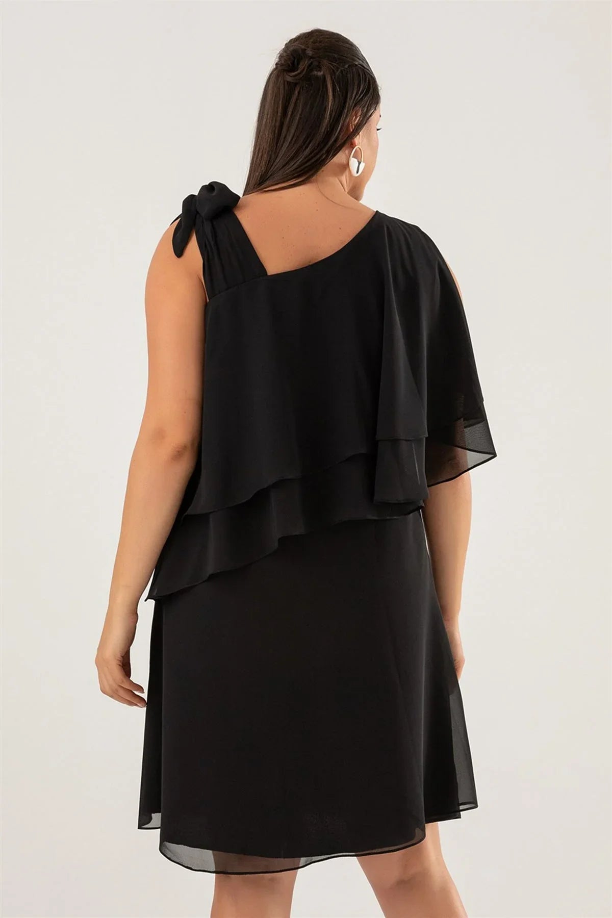Women's Black Tek Omuz Tie Chiffon Plus Size Dress