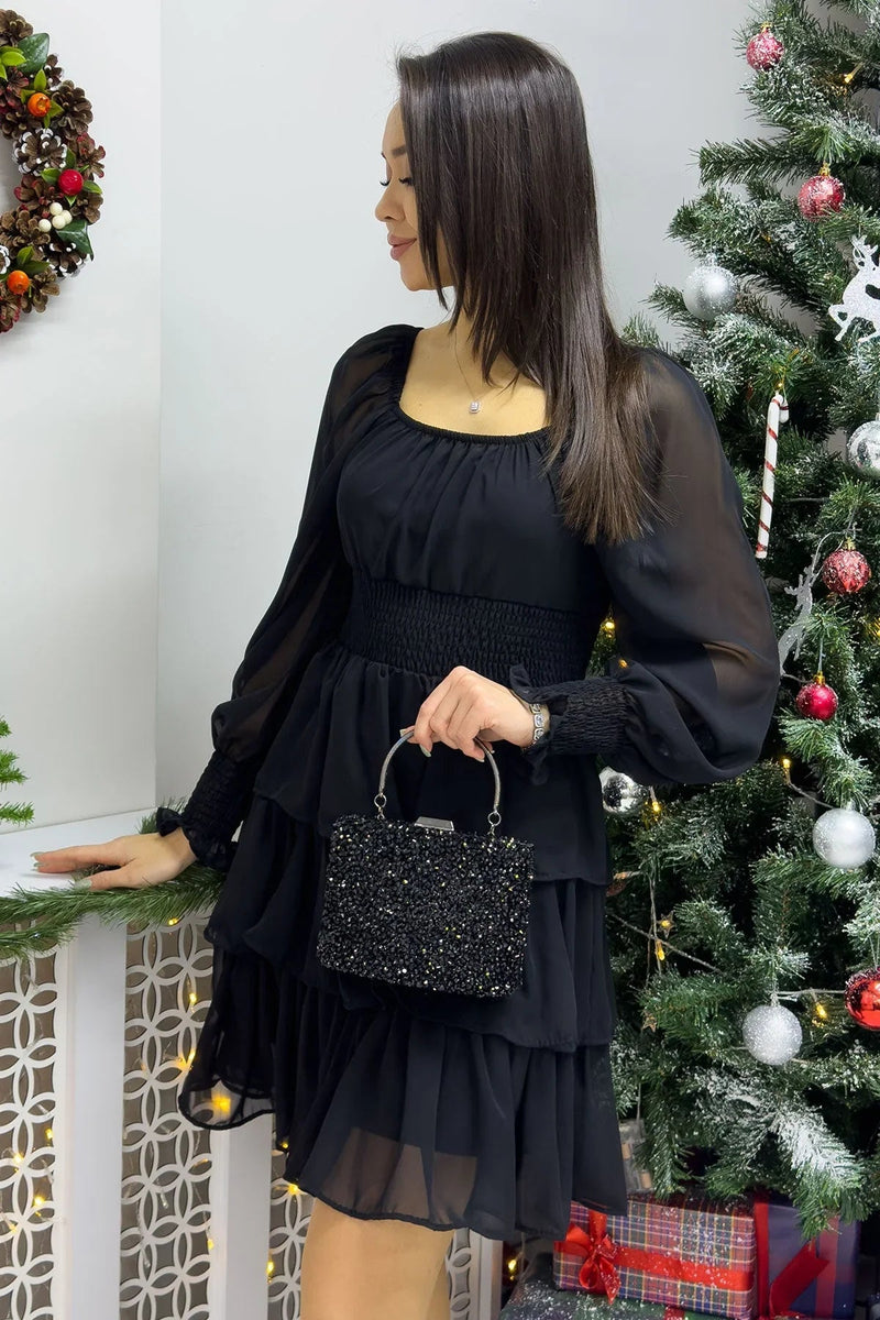 Women's Black Long Sleevelu Gipeli Ruffle Skirt Chiffon Dress - the ZKS