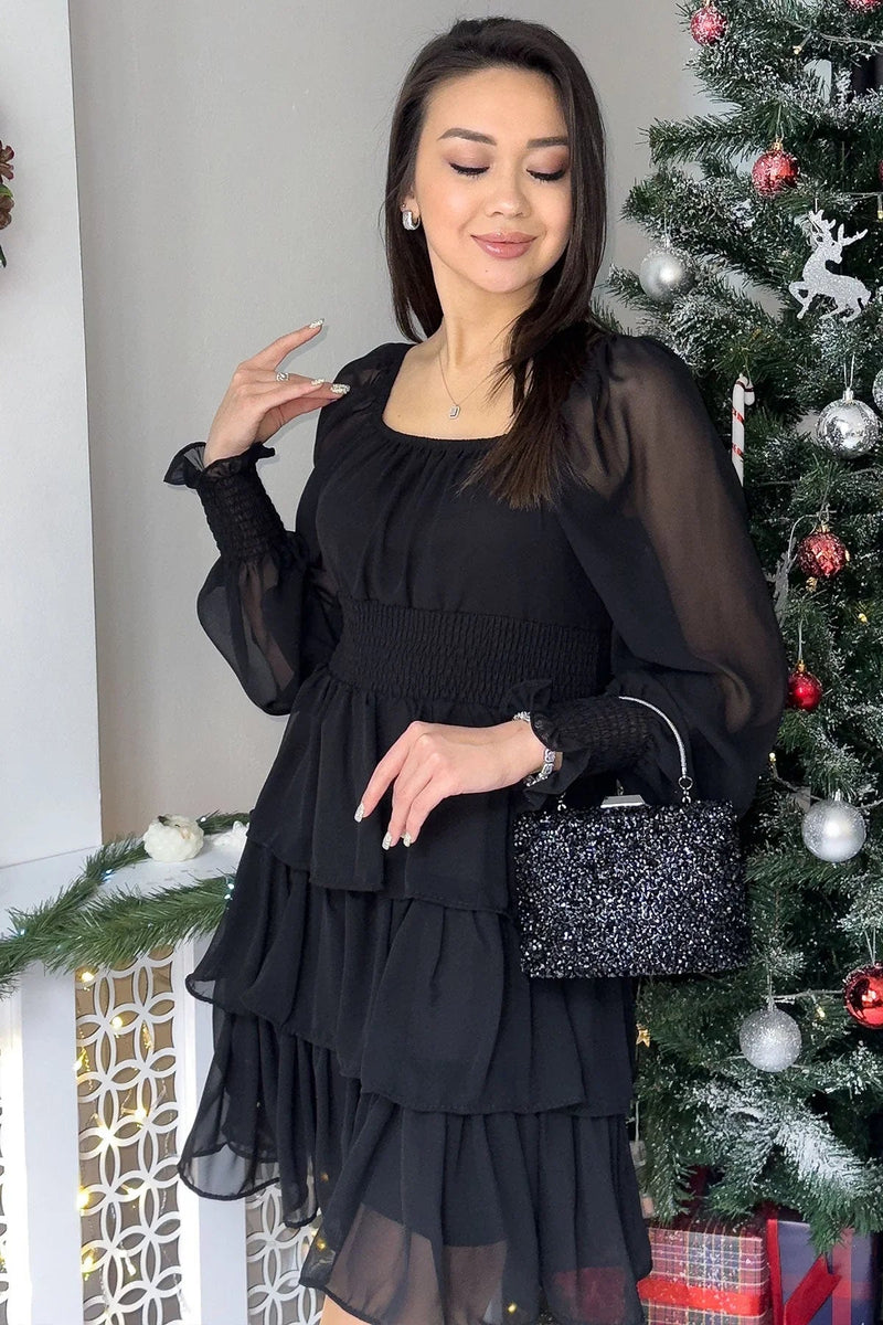 Women's Black Long Sleevelu Gipeli Ruffle Skirt Chiffon Dress - the ZKS