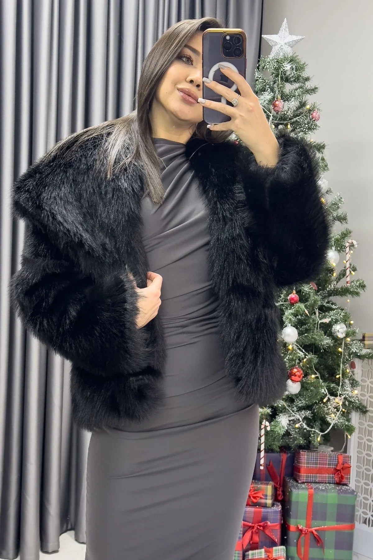 Women's Black Necklı Yeni Sezon Yumuşak Plush Fur Coat - the ZKS