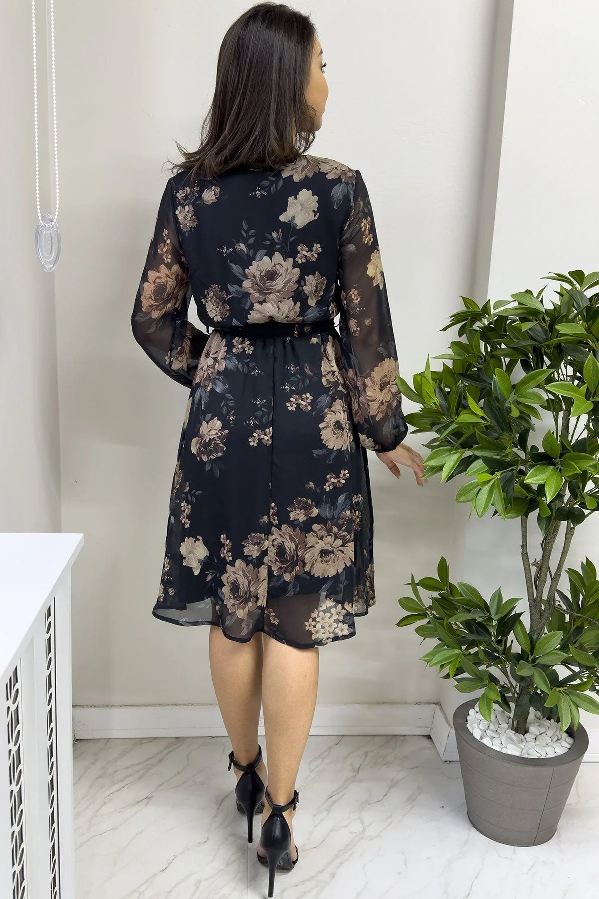 Women's Brown Floral Wrap Neck Chiffon Plus Size Short Dress - the ZKS