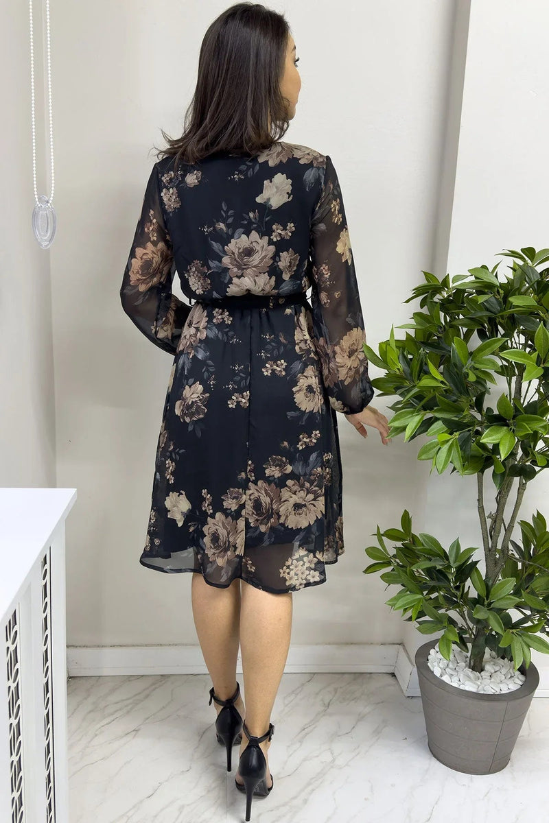Women's Brown Floral Wrap Neck Chiffon Plus Size Short Dress - the ZKS