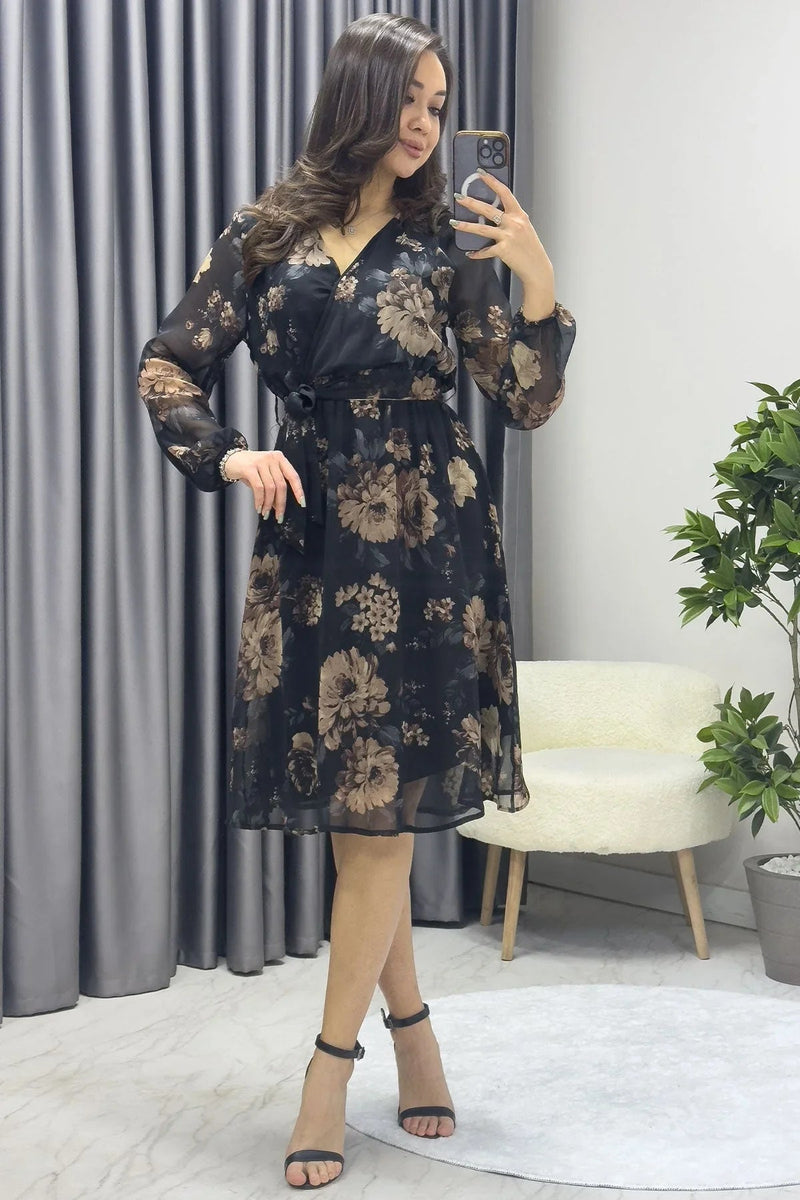 Women's Brown Floral Wrap Neck Chiffon Plus Size Short Dress - the ZKS