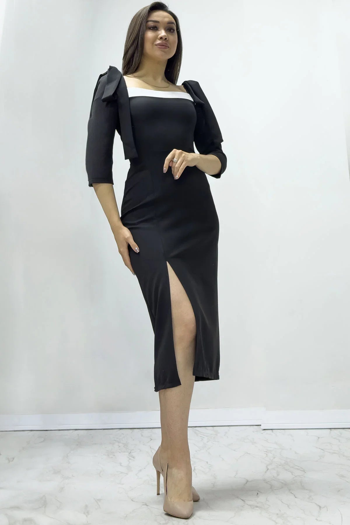 Women's Black White Detail Midi Pencil Dress