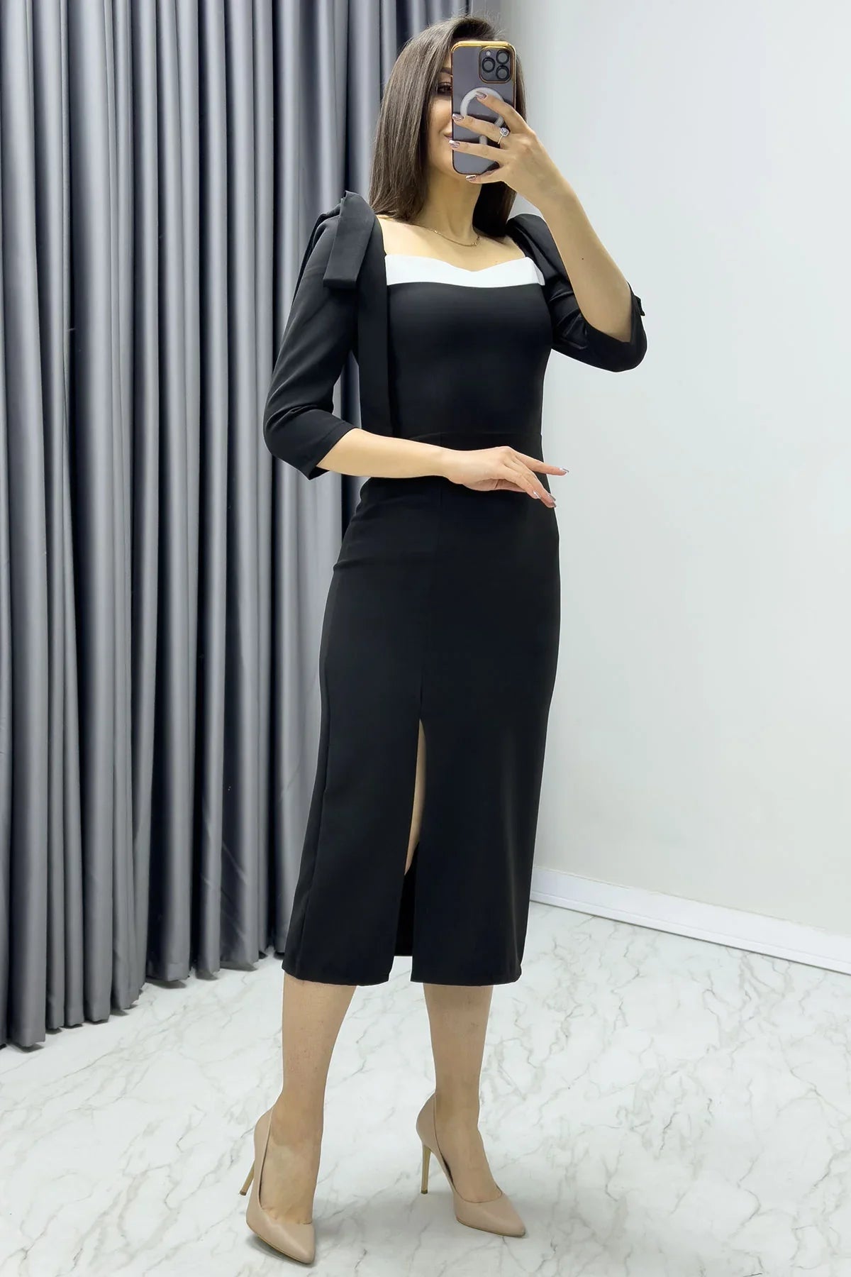 Women's Black White Detail Midi Pencil Dress