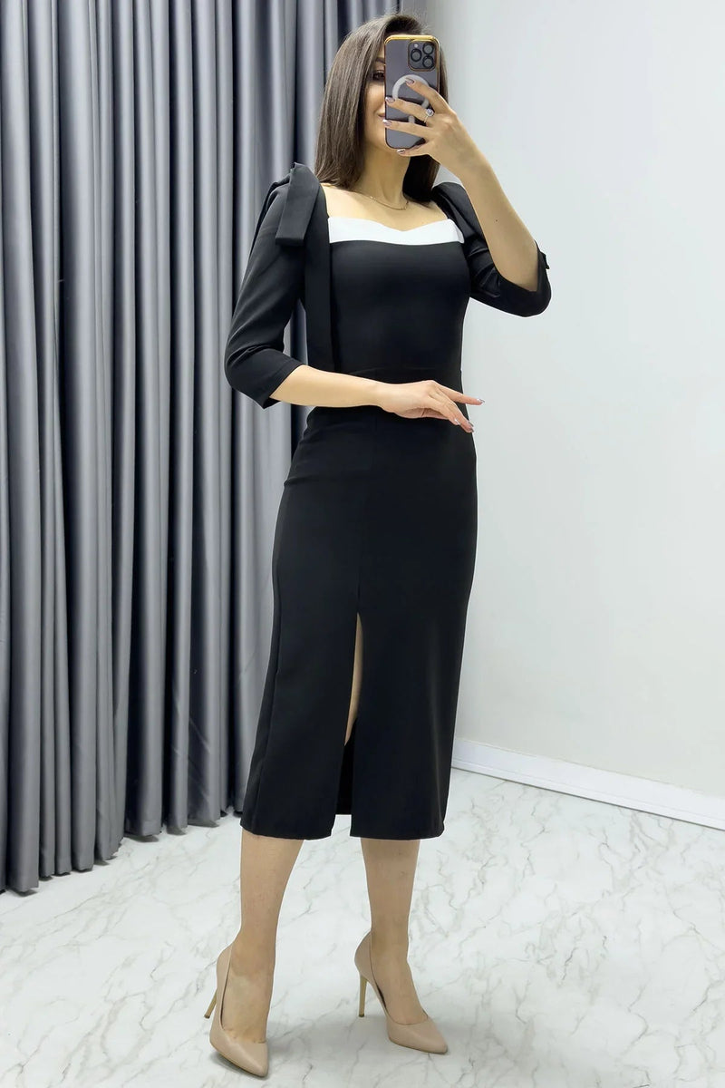Women's Black White Detail Midi Pencil Dress