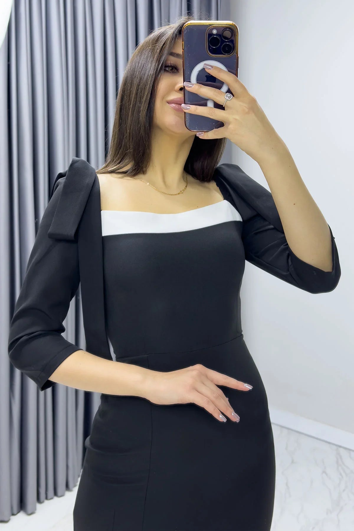 Women's Black White Detail Midi Pencil Dress