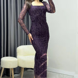 Purple Square Neck Glittery Midi-Lenght Evening Dress