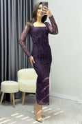 Purple Square Neck Glittery Midi-Lenght Evening Dress