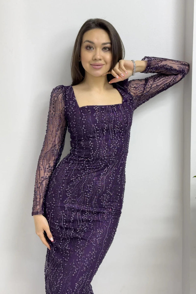 Women's Purple Square Neck Glitter Long Sleeve Midi Evening Gown