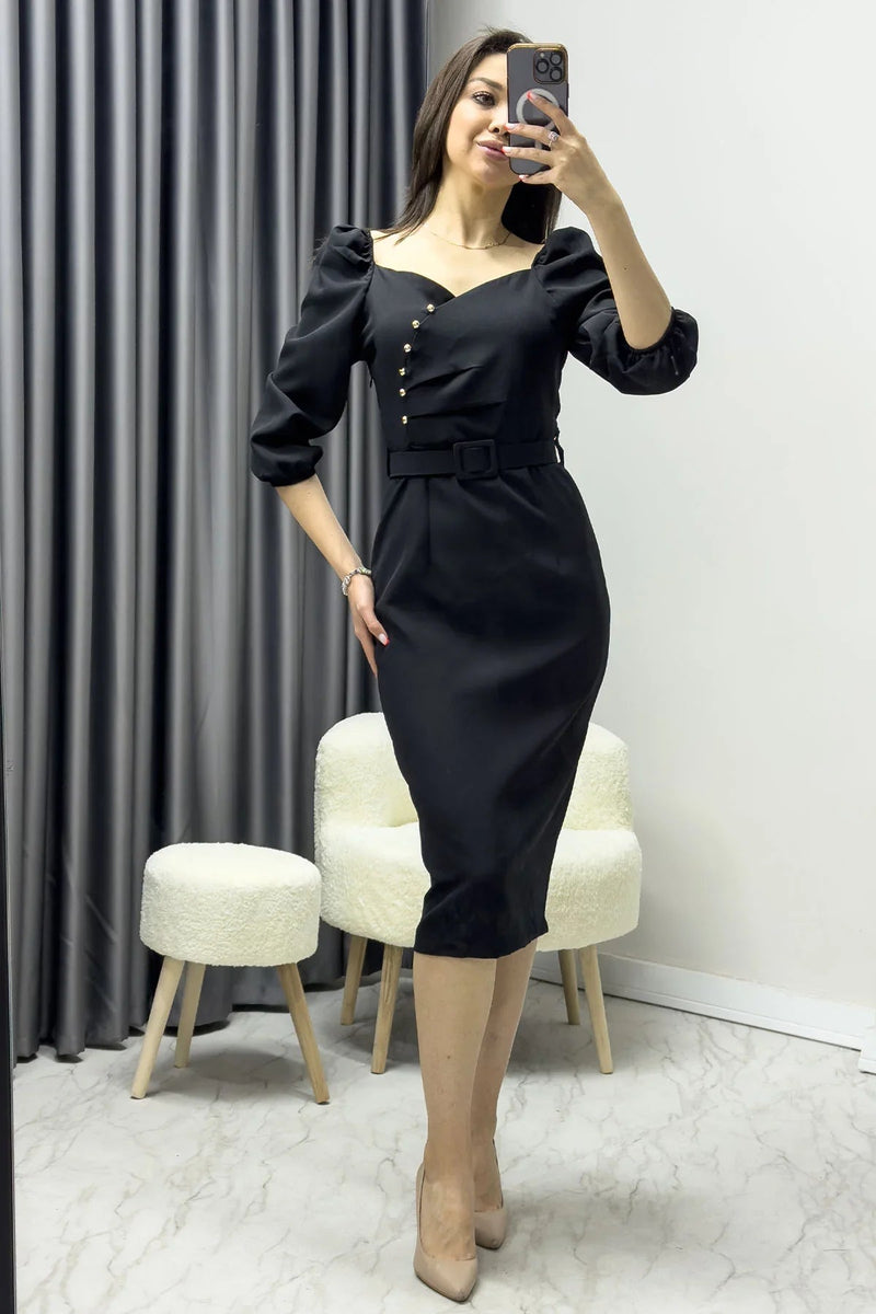 Women's Black Belted Düğme Detail Balloon Sleeve Pencil Dress