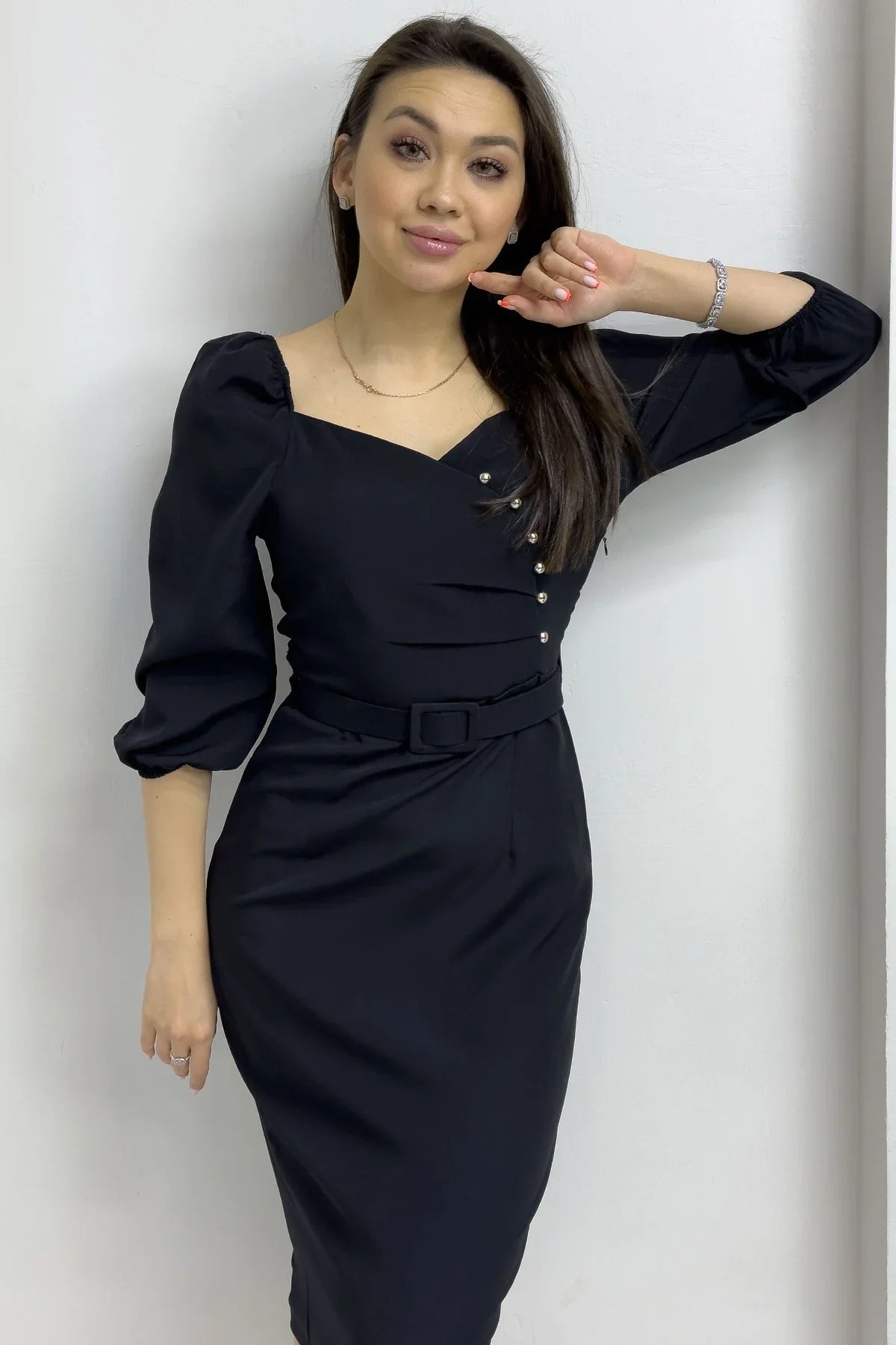 Women's Black Belted Düğme Detail Balloon Sleeve Pencil Dress