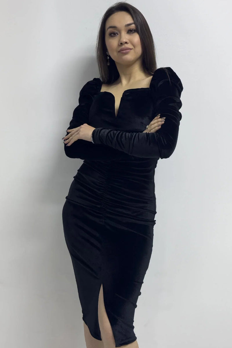 Women's Black Sweetheart Neck Draped Velvet Yeni Sezon Evening Gown