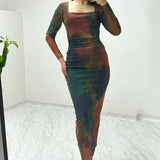 Batik-Tüllkleid mit eckigem Ausschnitt und Muster, Midi-Länge, gesteppt