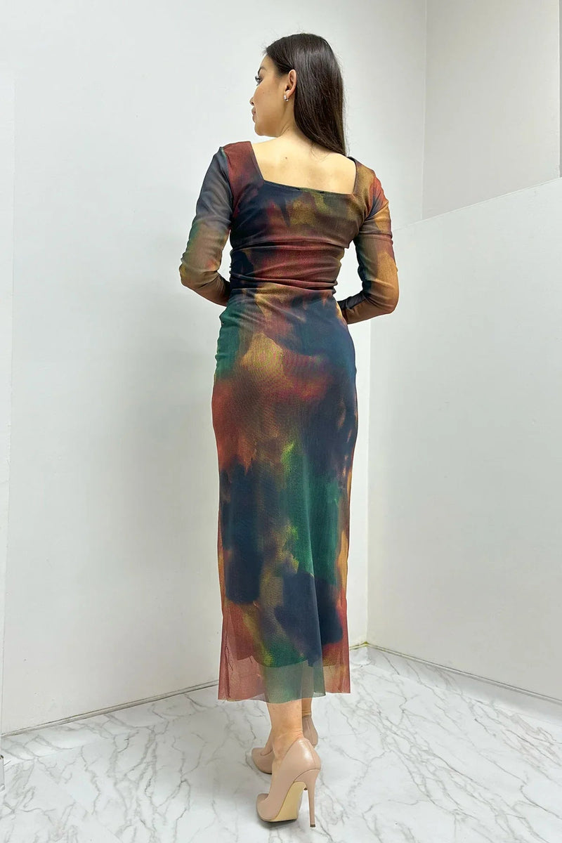 Women's Square Neck Stretch Tie-Dye Tulle Dress