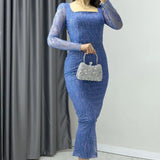 Indigo Square Neck Glittery Midi-Lenght Evening Dress