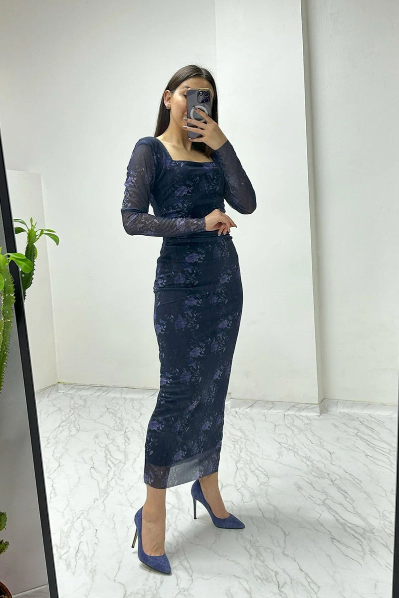 Women's Navy Blue Square Neck Stretch Çiçek Desen Tulle Dress
