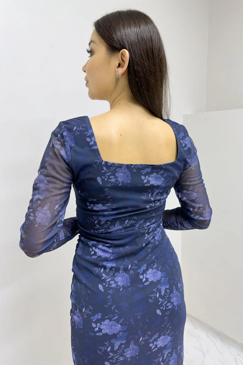 Women's Navy Blue Square Neck Stretch Çiçek Desen Tulle Dress