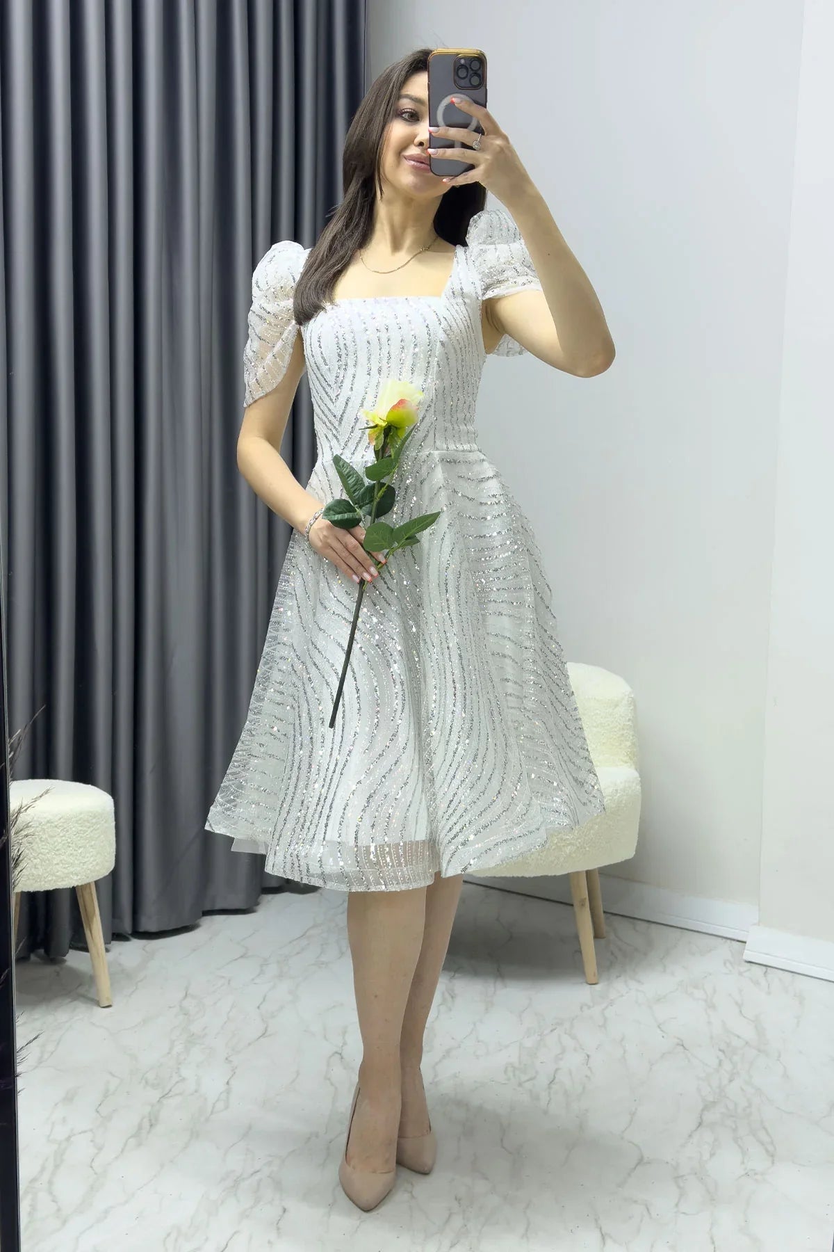 Women's White Ruffled Square Neck Karpuz Sleeve Flared Evening Gown