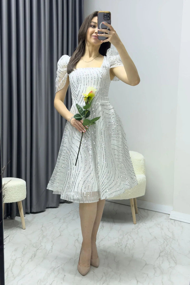 Women's White Ruffled Square Neck Karpuz Sleeve Flared Evening Gown