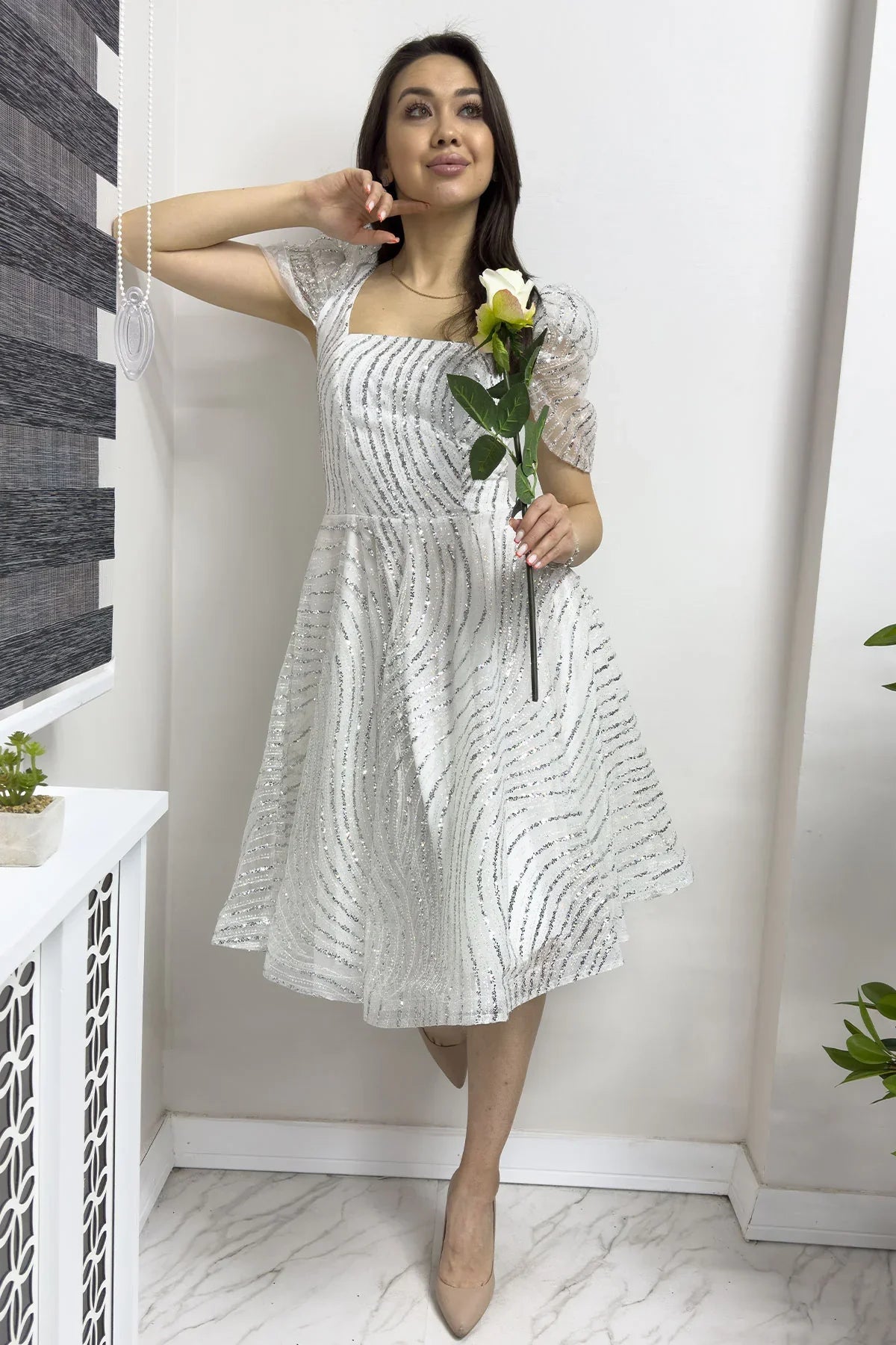 Women's White Ruffled Square Neck Karpuz Sleeve Flared Evening Gown