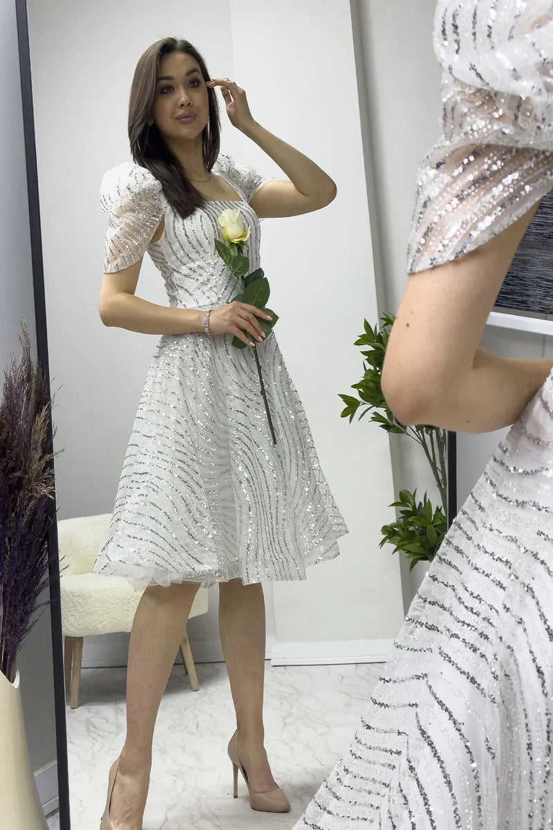 Women's White Ruffled Square Neck Karpuz Sleeve Flared Evening Gown