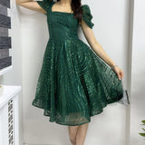 Emerald Green Flared Sequin Evening Dress