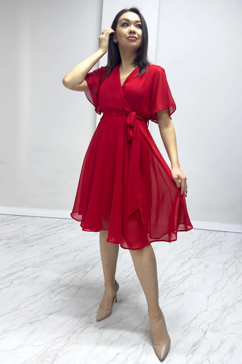 Women's Red Flared Half Sleeve Plus Size Chiffon Dress