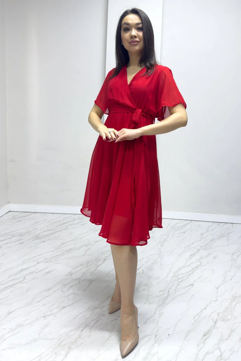 Women's Red Flared Half Sleeve Plus Size Chiffon Dress