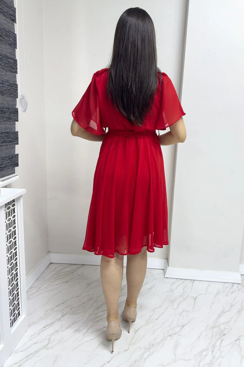 Women's Red Flared Half Sleeve Plus Size Chiffon Dress