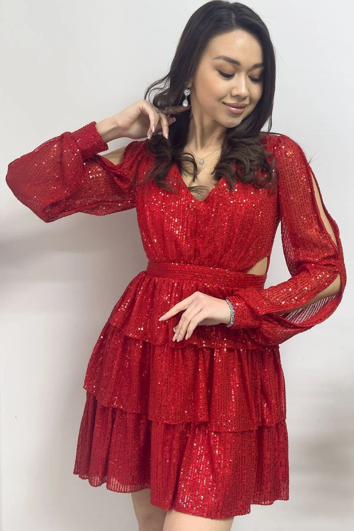 Women's Red Sequin Open Back Mini After Evening Gown - the ZKS