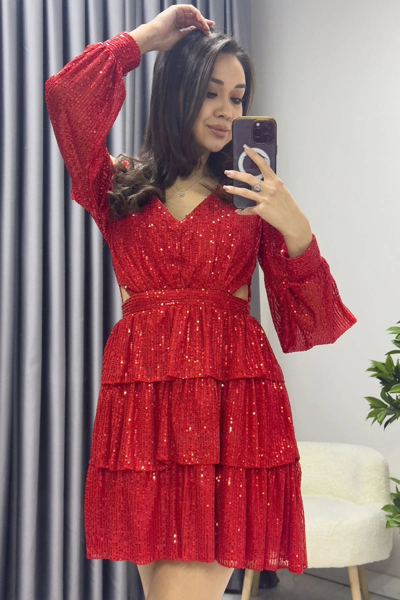 Women's Red Sequin Open Back Mini After Evening Gown - the ZKS