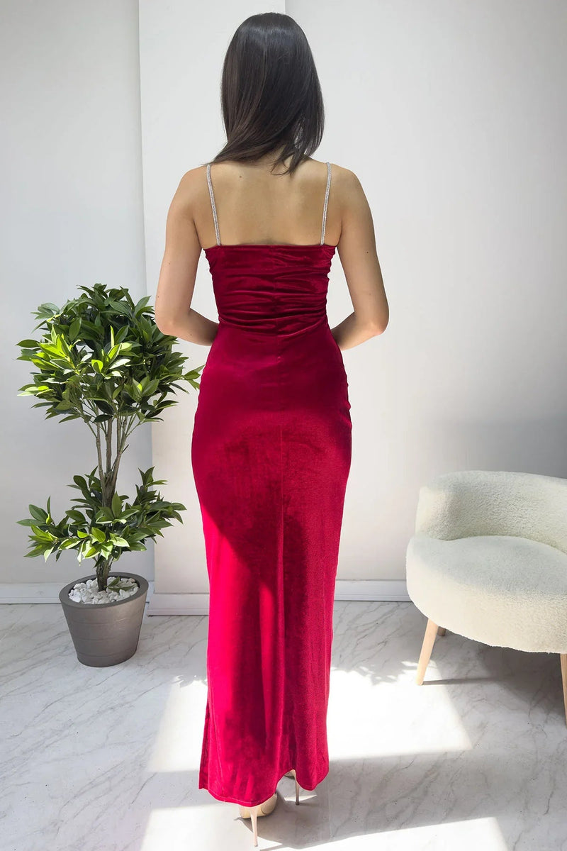 Women's Red Taş İnce Strap Slit Velvet Yeni Sezon Evening Gown