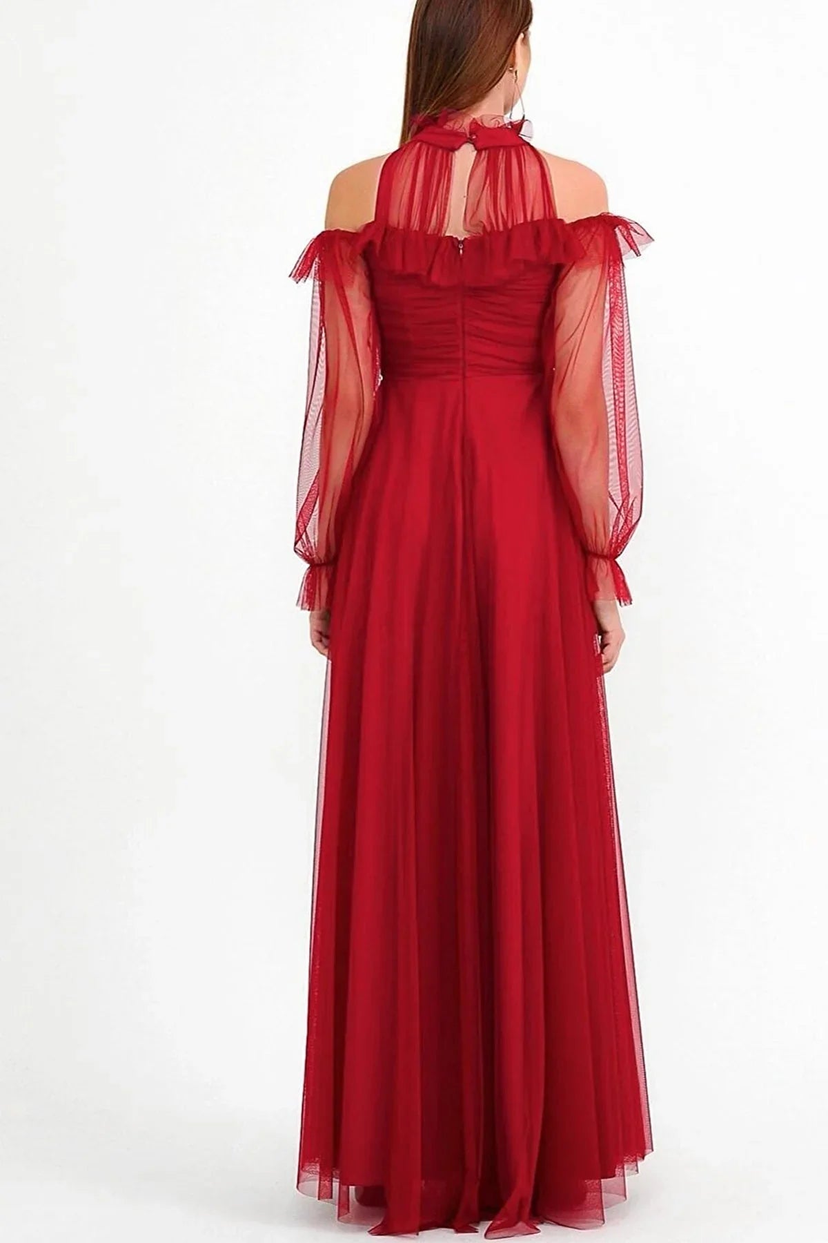 Women's Red Tulle Draped Plus Size Evening Gown