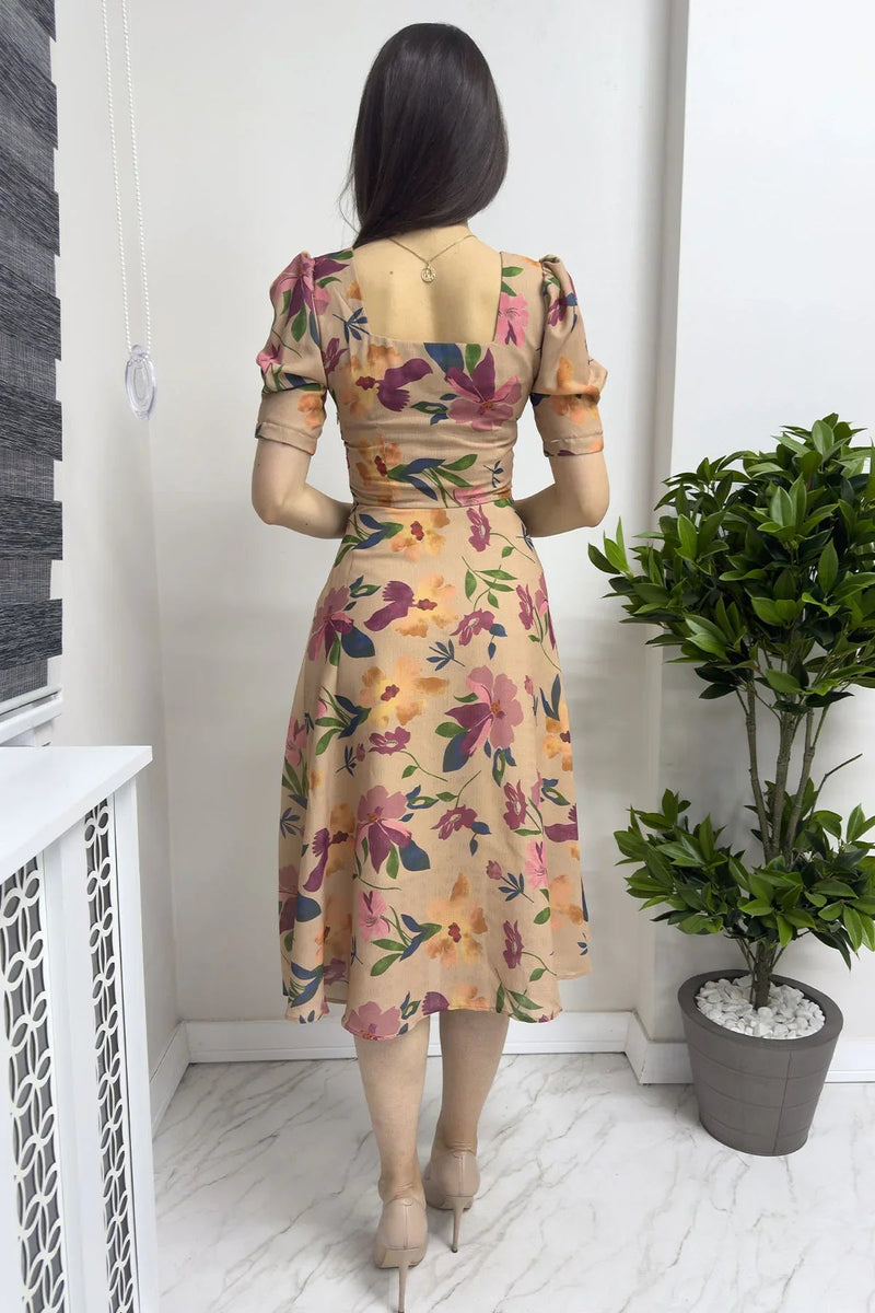 Women's Beige Short Sleeve Summer Çiçek Patterned Dress