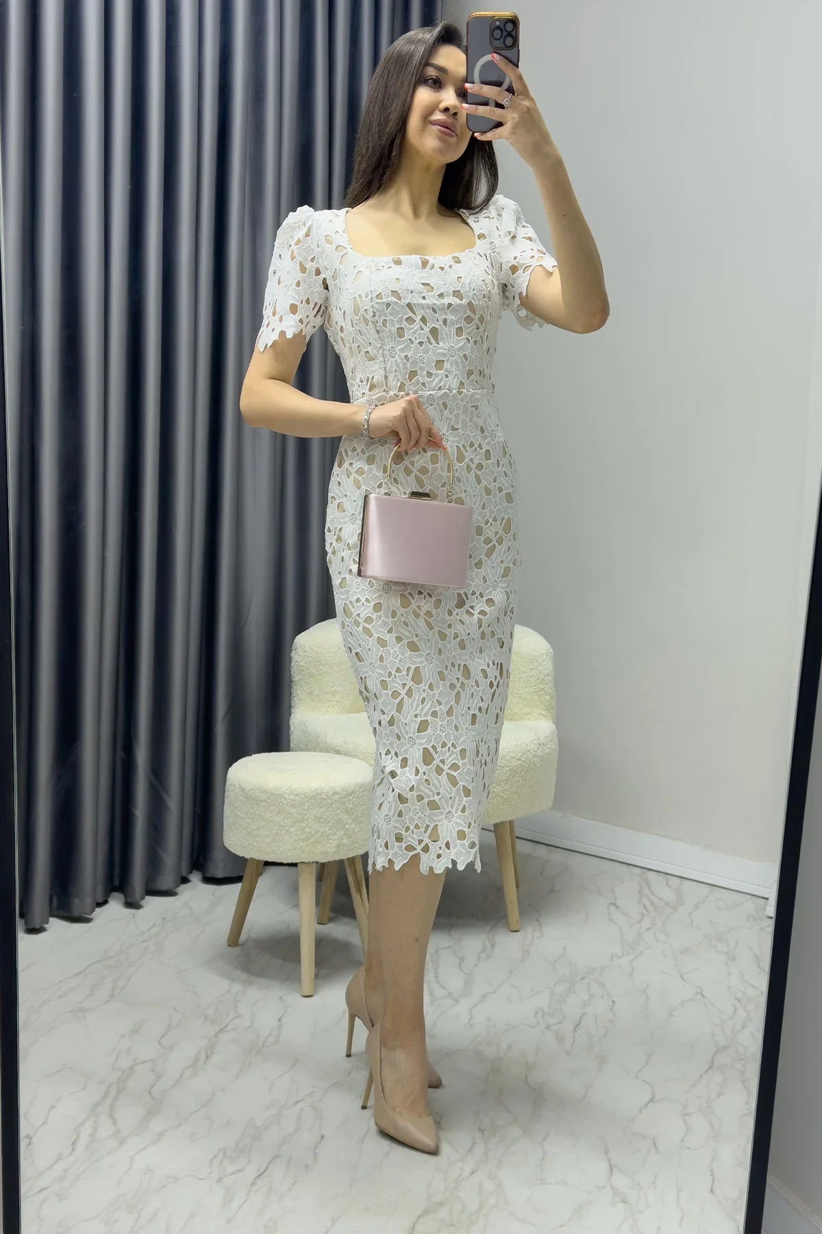 Women's White Güpür Detail Short Sleevelu Dress