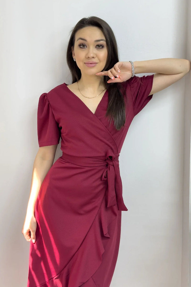 Women's Burgundy Short Karpuz Sleeve Wrap Belted Plus Size Dress