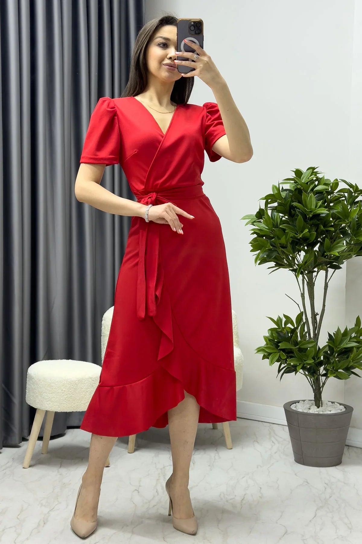 Women's Red Short Karpuz Sleeve Wrap Belted Plus Size Dress