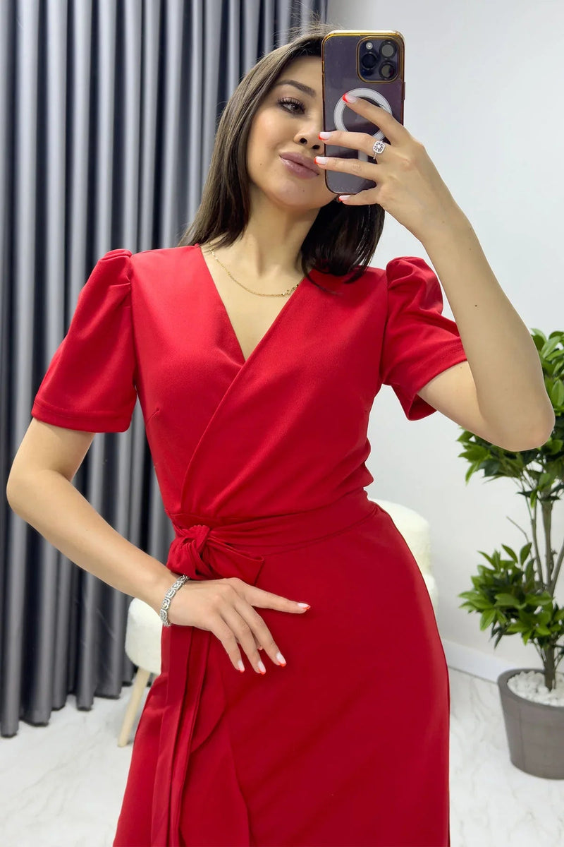 Women's Red Short Karpuz Sleeve Wrap Belted Plus Size Dress