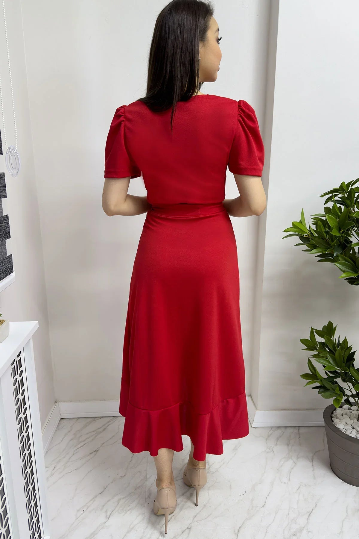 Women's Red Short Karpuz Sleeve Wrap Belted Plus Size Dress