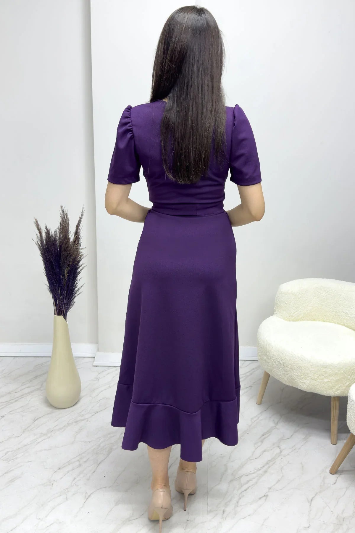Women's Purple Short Karpuz Sleeve Wrap Belted Plus Size Dress
