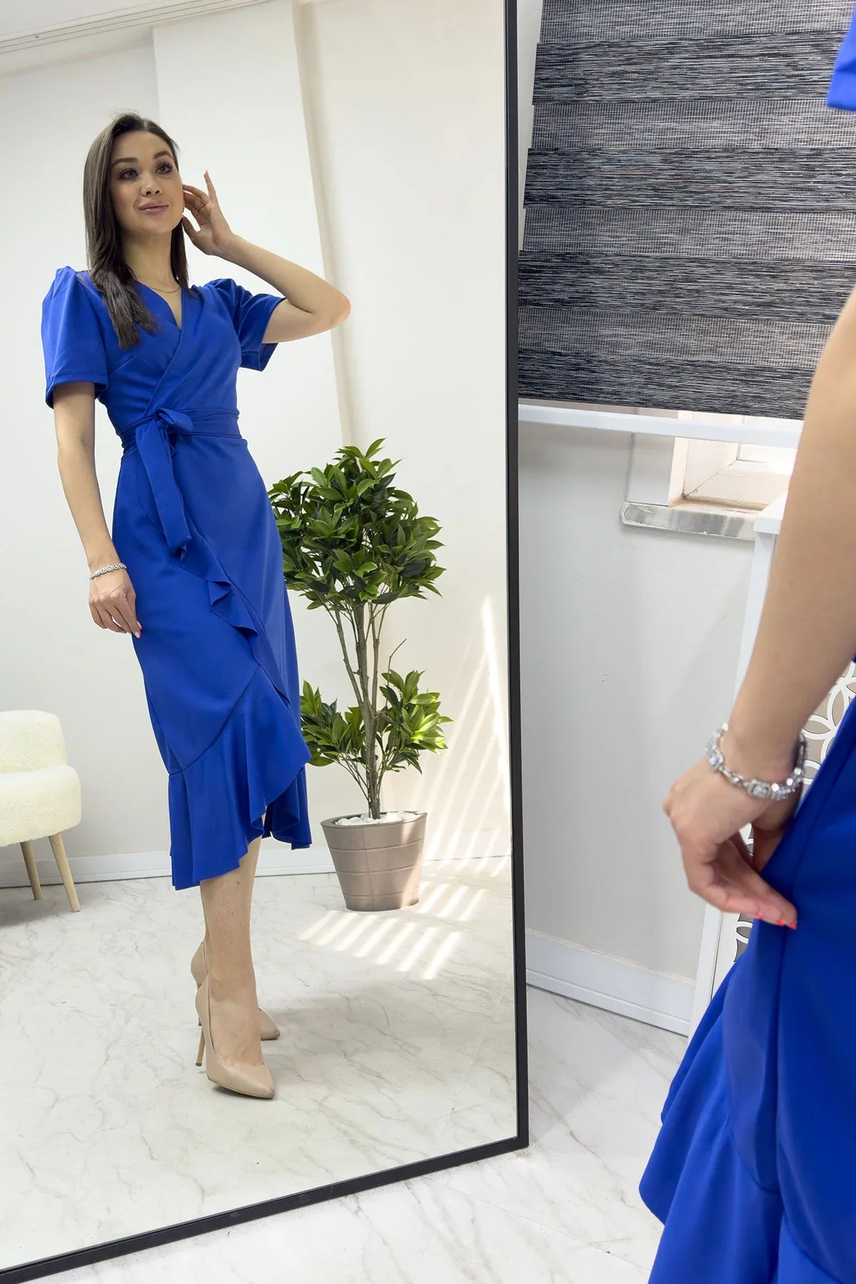 Women's Saxe Bluesi Short Karpuz Sleeve Wrap Belted Plus Size Dress