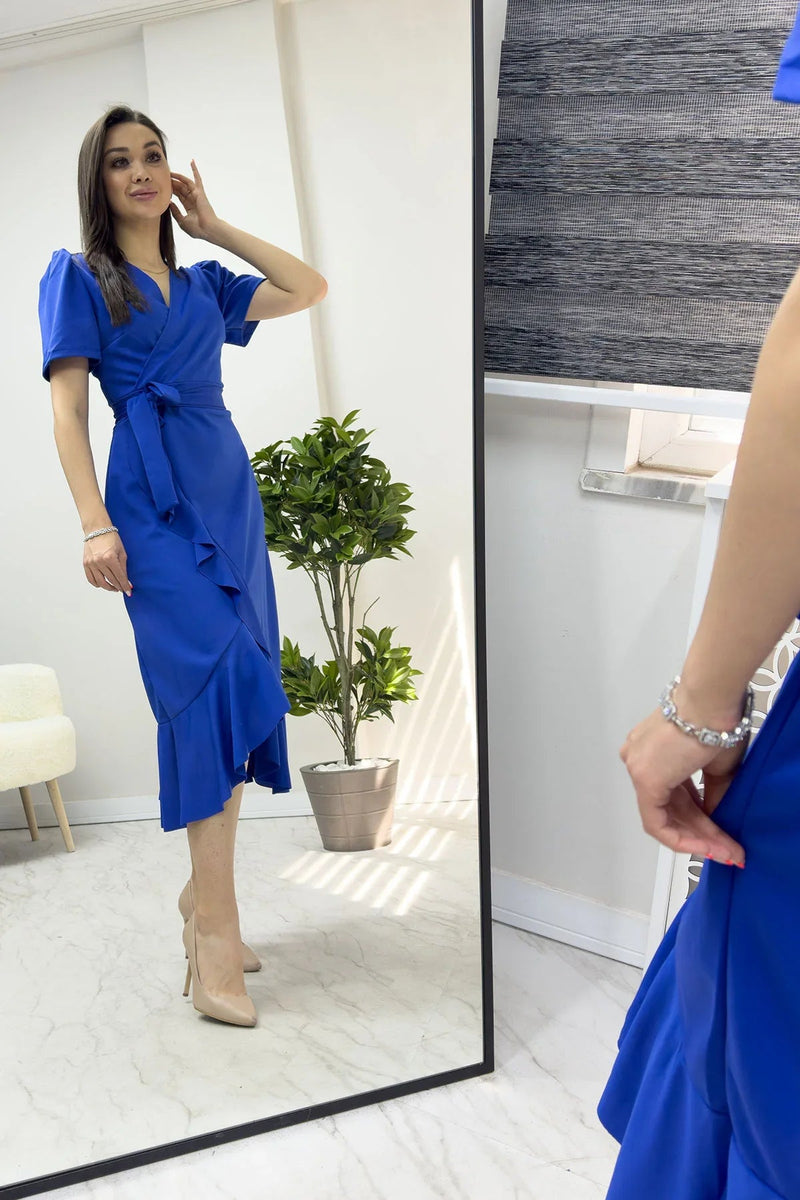 Women's Saxe Bluesi Short Karpuz Sleeve Wrap Belted Plus Size Dress