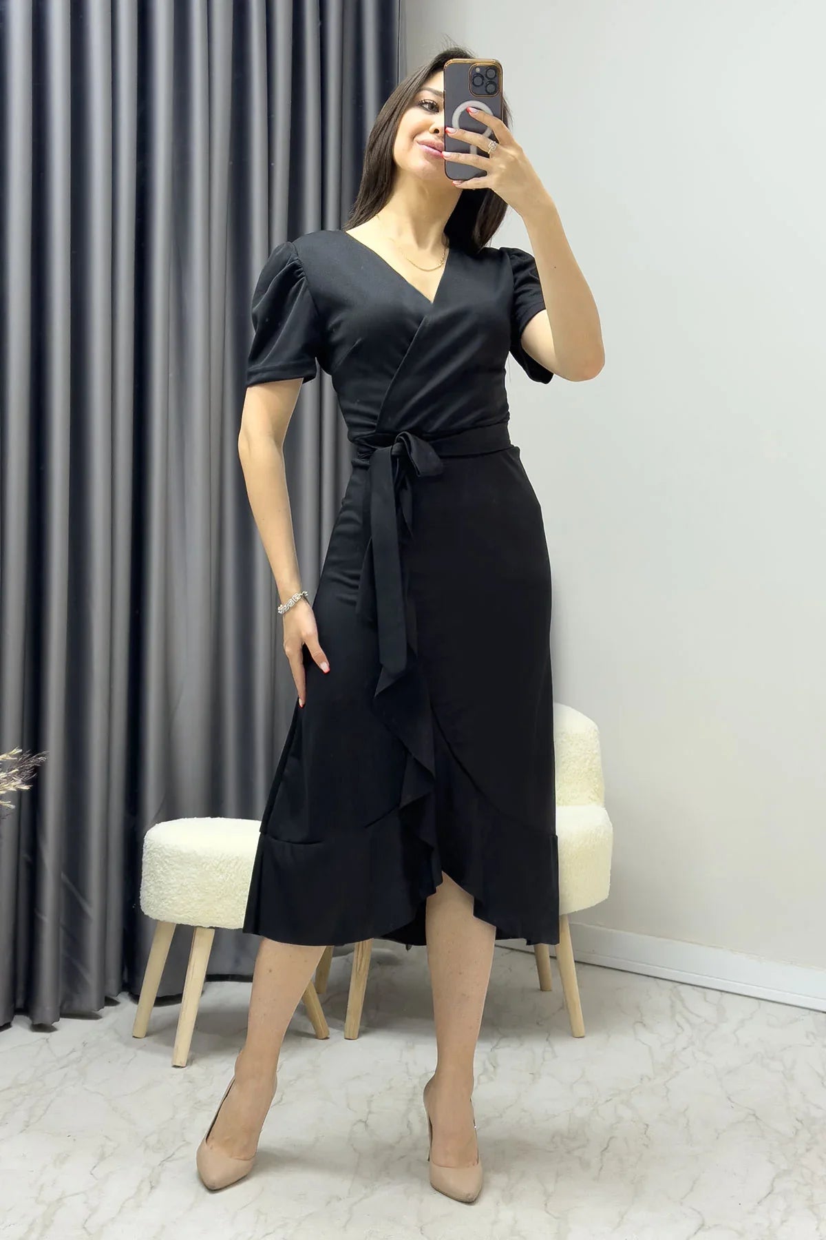 Women's Black Short Karpuz Sleeve Wrap Belted Plus Size Dress