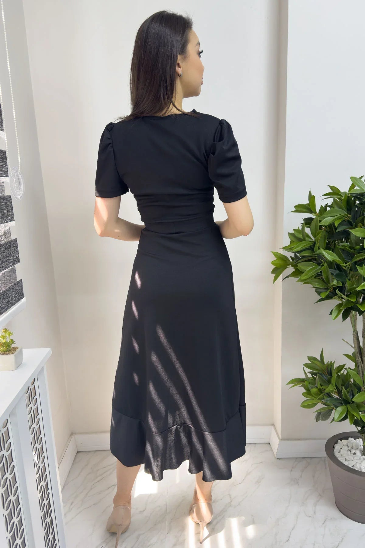 Women's Black Short Karpuz Sleeve Wrap Belted Plus Size Dress