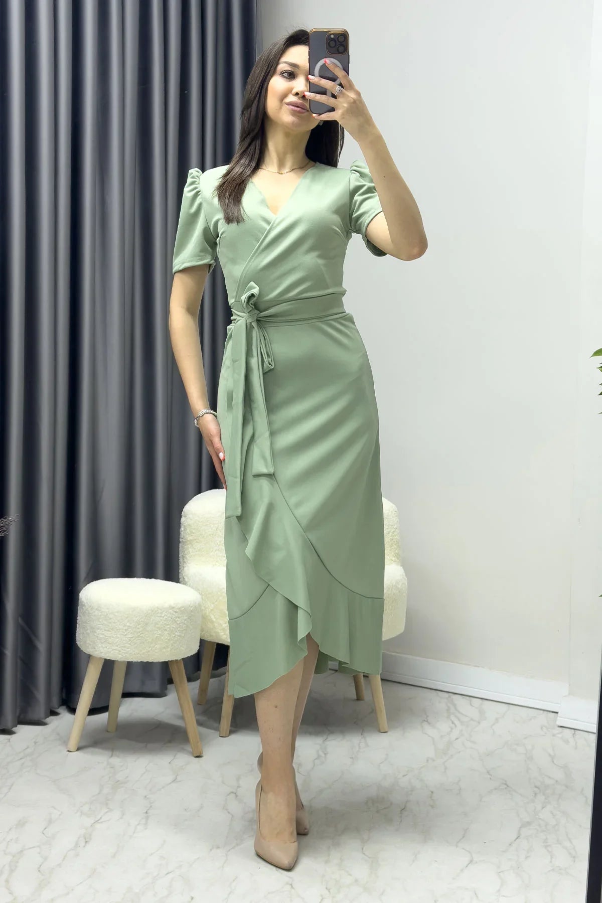 Women's Su yeşili Short Karpuz Sleeve Wrap Belted Plus Size Dress