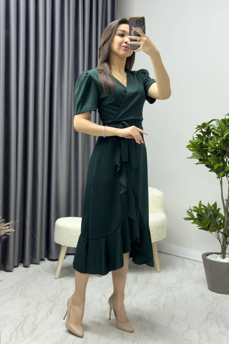 Women's Green Short Karpuz Sleeve Wrap Belted Plus Size Dress